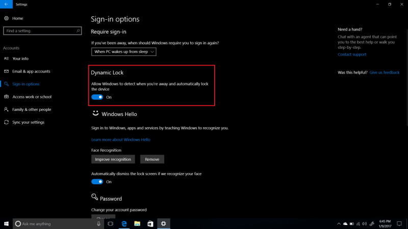 Dynamic Lock en la configuración de Windows 10