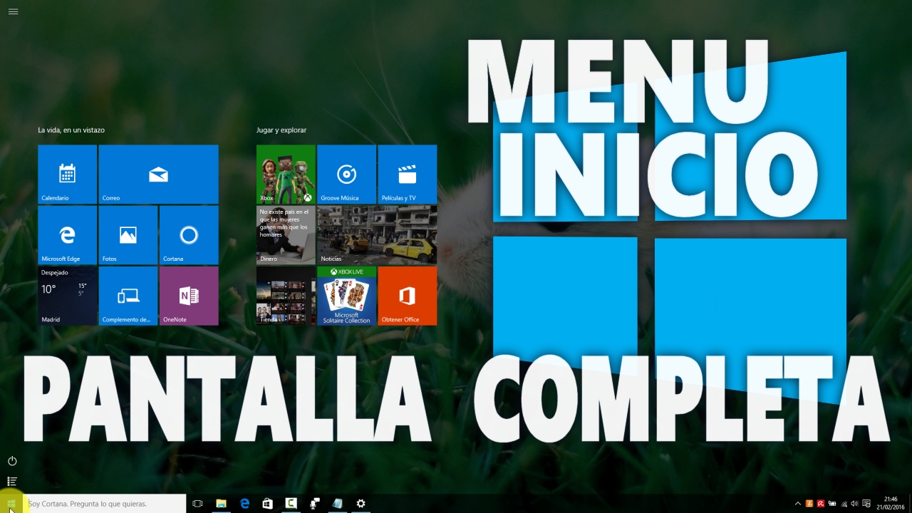 Menú de inicio a pantalla completa en Windows 10